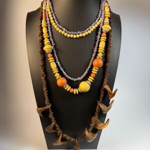 Necklace Lot Vintage Boho Wood Seed Stone Long for Stacking Yellow Orange Purple